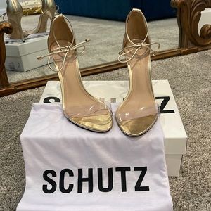 Gold Metallic leather with see-through vinyl strap stiletto.